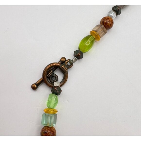 Earth Tone Beaded Necklace with Copper Spiral Accents Faux Stone Boho Nature - Picture 5 of 7